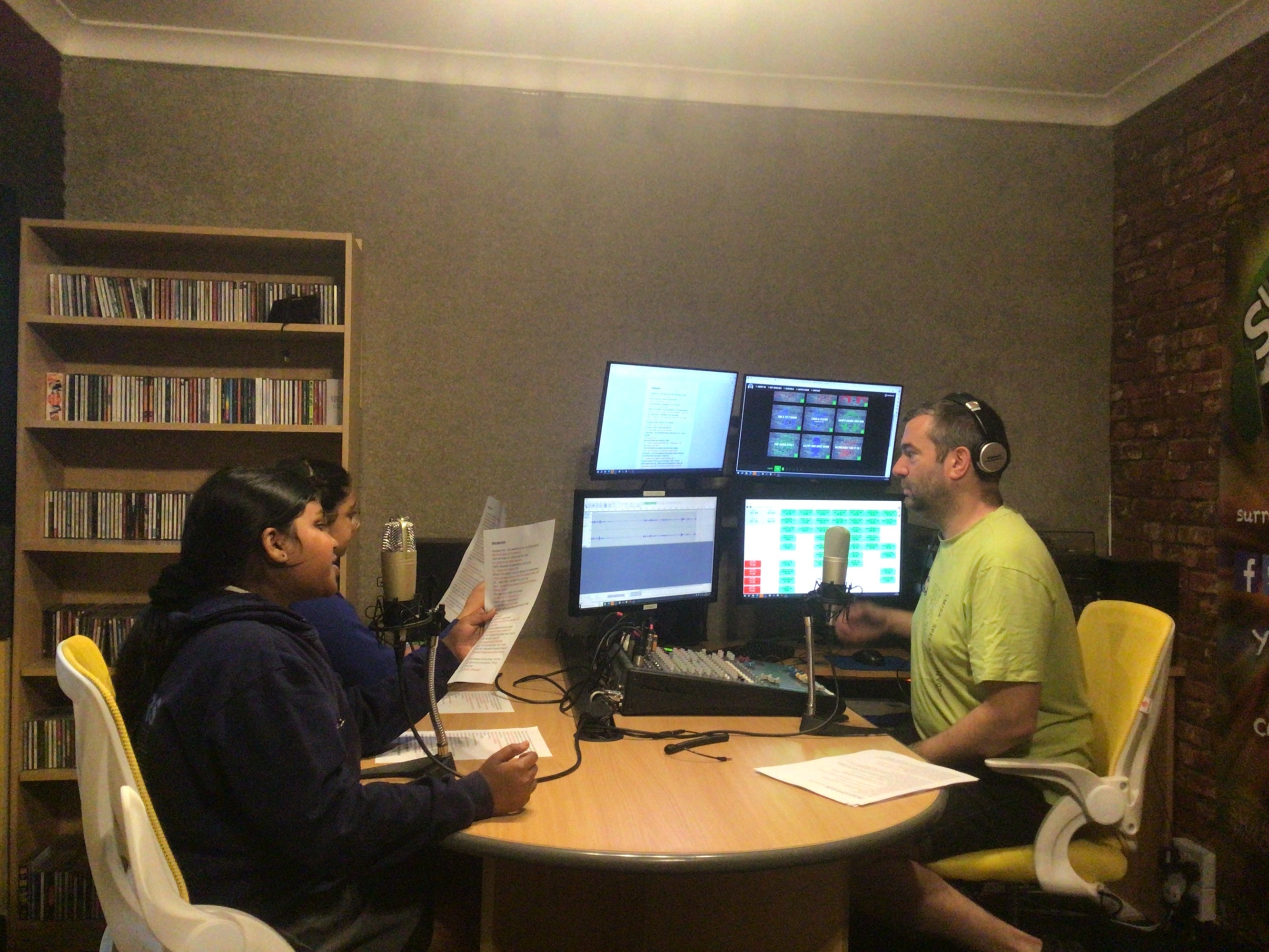 Pupils in the radio studio with a presenter